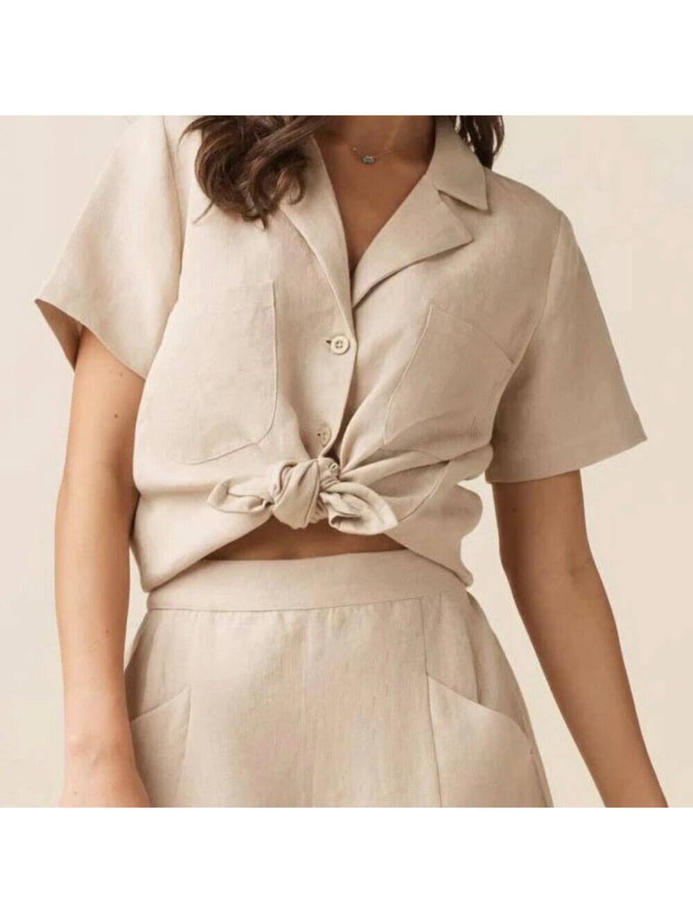 VETTA Beige Short Sleeve Button-Down Tie Front Shirt